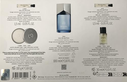 Mercedes Benz Sea LSA Giftset - Men's Cologne Gift Set - 3 Colognes for Men, Hair Oil, Solid Shower Gel Body Wash - Grooming Essentials - 5 Pc