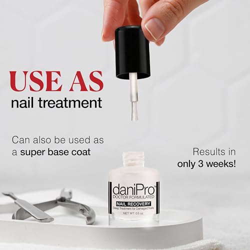 daniPro Doctor-Formulated Nail Recovery, 0.5 oz - Nail Strengthener Base Coat with Undecylenic Acid, Biotin & Vitamins - Nearly Invisible Satin Finish Base Coat - Nail Hardener For Damaged Nails