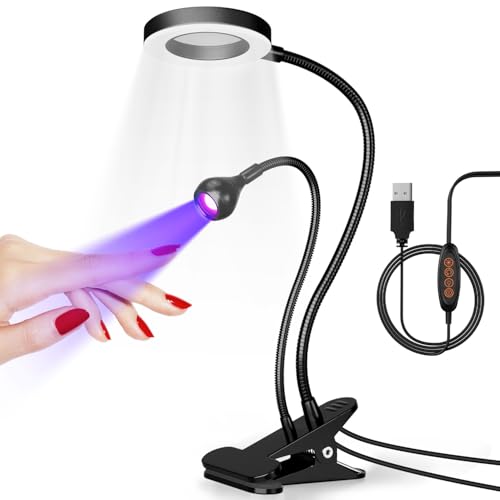 krofaue UV Nail Lamp for Gel X - Flash Cure Lamp Dual-Light Gel X UV Light with 6× Magnifier 4-Levels Brightness Nail Dryer for Regular Polish, Desk Clip Salon-Perfect Manicures at Home Black