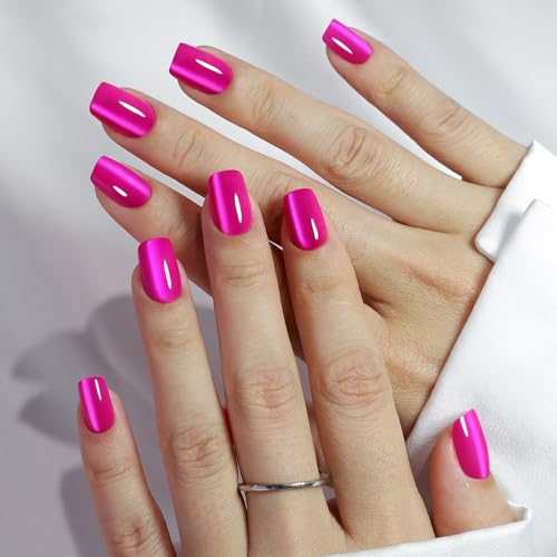 Soft Gel Hot Pink Press on Nails Short - Cat Eye Press on Nails Square for Women Gift, Natural Fit & Glossy Stick on Nails with Glue in 16 Sizes - 32 Reusable Fake Nails, Hot Pink