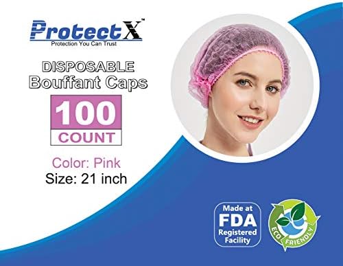 ProtectX 100-Pack Pink Disposable Hair Nets, Elastic Head Cover, Bouffant Caps, Sanitation Head Cover for Food Service, Spa Men & Women - 21 inch