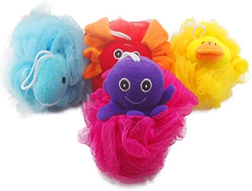 Loofah Exfoliating Shower Stuffed Sponge Pouf Mesh Brush with Animal Toys - Bath Spa Puff Scrubber Ball - Body Poof for Children Kids - Rich Foams Bubble（4.7" Each） Pack of 4