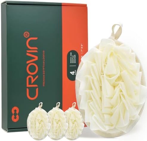 Shower Puff 4 Pack Bath Sponge Shower Loofahs Pouf Large 7x5 Premium Exfoliating Mesh Puffs for Women and Men-Elastic Hand Strap Body Brush to Soothe, Cleanse Your Skin