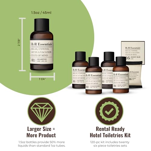 R&R Essentials Hotel Soaps and Toiletries Bundle, Vacation Home Amenities Kit - 1.5oz Shampoo, Conditioner, Shower Gel, Lotion And 2 Bar Soaps - Travel Size (120 pc)