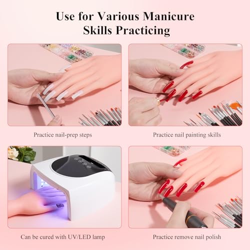 Practice Hand for Acrylic Nails,Nail Mannequin Hands for Nails Practice,Fake Nail Training Hand Manicure, Flexible Bendable Nail Hand with 100PCS Nail Tips,Painting Pen,Nail Clay and Nail Rhinestones