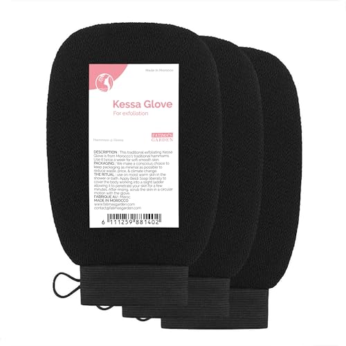 Fatima's Garden Exfoliating Kessa Gloves - Natural Spa Scrubbers, Black (3 Gloves)