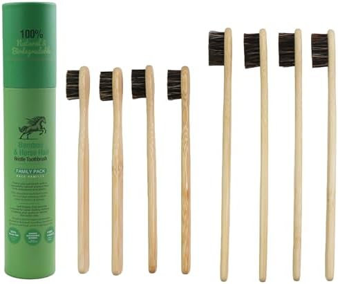 Gaia Guy Natural Bristle Bamboo Toothbrush Family Pack (NO Nylon - Horsehair ONLY) - Totally Compostable & Biodegradable Horse Hair Bristle and Bamboo Toothbrushes - Zero Waste - 4 Kids and 4 Adults