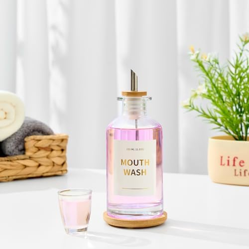 Glass Mouthwash Dispenser for Bathroom, 11.8oz Mouthwash Holder with Stianless Steel Spouts, Mouthwash Decanter with Bamboo Holder, Refillable Cups, Reusable Funnel, Golden Stickers