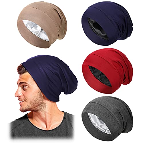 Geyoga 4 Pcs Satin Lined Sleep Bonnets Silk Sleep Caps Slouchy Beanie Hat Sleeping Head Wrap for Curly Protection Men Women(Multi-Colors)
