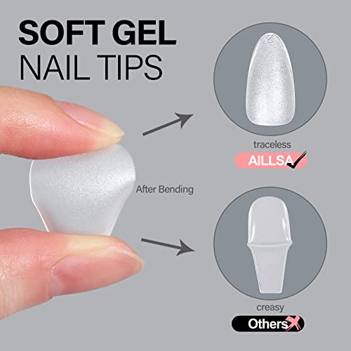 AILLSA Almond Nail Tips 450pcs Soft Full Cover Gel Nails Tips Matte Pre-shaped Press On False Extension Gelly Nail Tip for Acrylic Nails Professional, 15 Sizes Medium Nails Tip for Beginners
