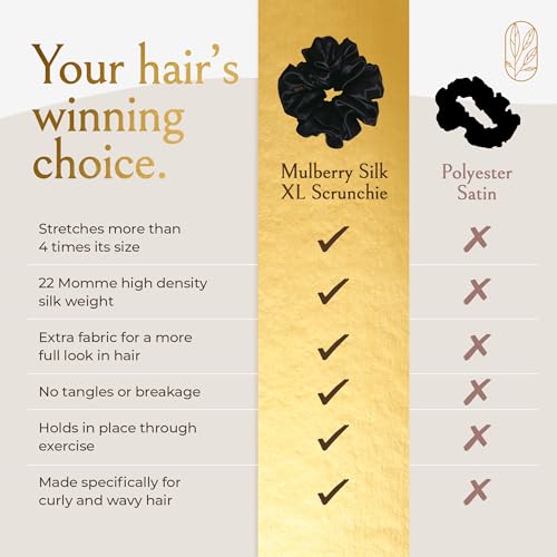 Silk Scrunchies for Women Ponytail Holders – Oversized Mulberry Silk Scrunchies – Extra Large No Damage Hair Ties for Curly, Thick, and Thin - Hair Accessories for Women – Black, XL By Curlfriend