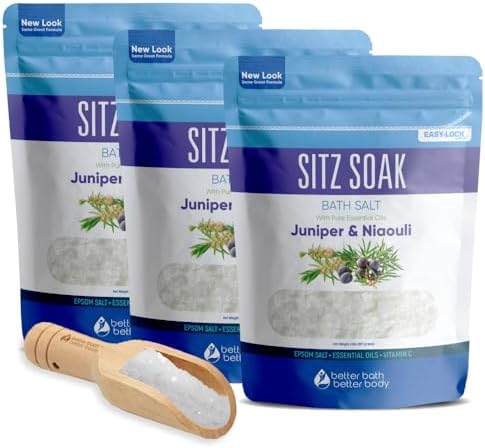 Sitz Bath Salt (3 Pack with Bamboo Scoop) Hemorrhoid Soothing Sitz Soak USP Grade Epsom Salt 3 Pouches 6 Lbs Total with Pure Essential Oils in BPA Free Pouch with Easy Press Seal Made in USA
