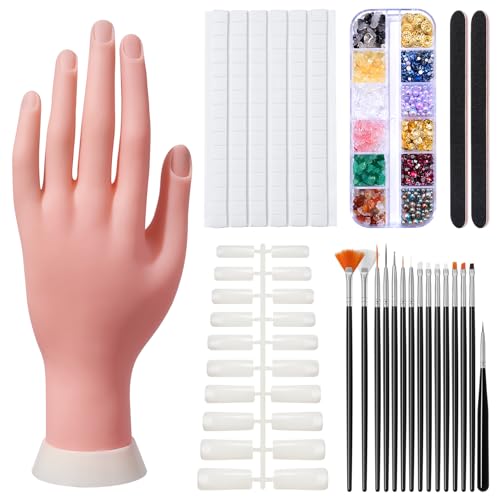 Practice Hand for Acrylic Nails,Nail Mannequin Hands for Nails Practice,Fake Nail Training Hand Manicure, Flexible Bendable Nail Hand with 100PCS Nail Tips,Painting Pen,Nail Clay and Nail Rhinestones