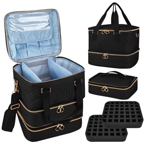 Nail Polish Organizer Case - Three Layer Nail Polish Storage Bag with Adjustable Dividers Holds 84 Bottles Nail Polish Nail Lamp Nail Kit Supplies Organizer Box - Black