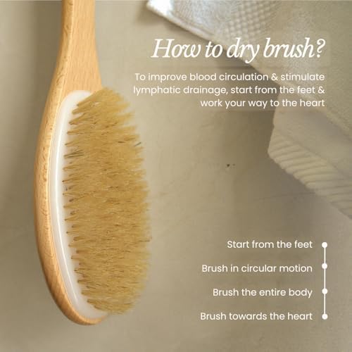 Bare Botanics 17" Dry Brushing Body Brush - Medium Firmness, Natural Color & Silicone Grip - Extra Long Bath Brush - Ergonomic Curved Handle Design w/Hang Rope - Back Scrubber for Shower