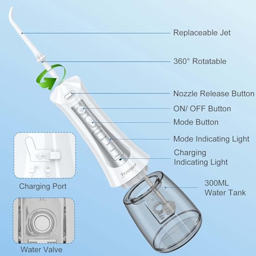 Froomer Cordless Water Flosser – Rechargeable Portable Electric Water Flosser for Teeth, Braces, 5 Modes, IPX7 Waterproof, Travel Friendly, 300ml, White