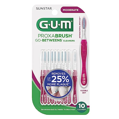 GUM Proxabrush Go-Betweens - Moderate - Interdental Brushes - Soft Bristled Dental Picks for Plaque Removal Health - Safe for Braces & Dental Devices, 10 Count (Pack of 4)