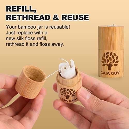 Gaia Guy Natural Unflavored Silk Dental Floss with Floss Refill & Reusable Bamboo Holder | 2 x 33yds Compostable Pure Silk Waxed with Candelilla Wax | Plastic-Free Packaging