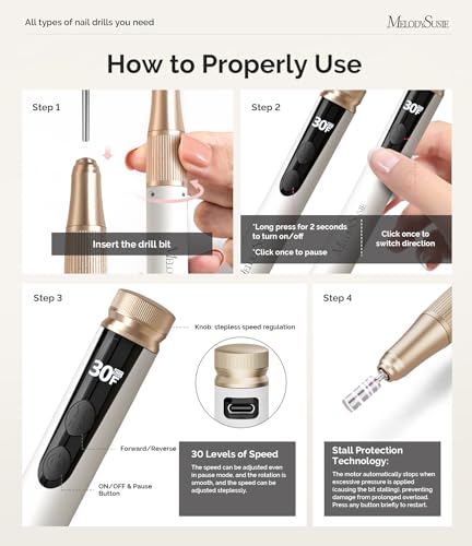 MelodySusie Electric Nail Drill, Portable Cordless Rechargeable Nail File Bits & Sanding Bands Kit for Acrylic & Gel Nails, 30000RPM Professional Efile for Manicure Pedicure Polishing, White SM180F