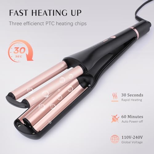 Crimper Hair Tool with 3 Ceramic Barrels, Beach Waves Curling Iron 3/4 & 1 & 1 1/4 Inch, Deep Waver with 4 Heat Settings, Adjustable Curling Wand for Long Hair Women, Dual Voltage