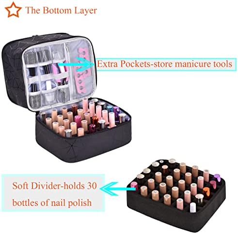 PU Leather Nail Polish Organizer and Nail Lamp Case, Nail Kit Organizer Holds 30+ Bottles (15ml - 0.5 fl.oz) and a Nail Lamp, Nail Polish Carrying Case with Manicure Tools Storage Sections