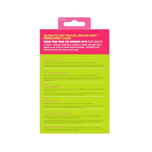 Real Techniques Vivid Escape Glow-To-Go Travel Makeup Brush 6 Piece Set, Mini Size Makeup Brushes For Eyeshadow, Concealer, Contour, & Blush, Includes Mirror Cosmetic Case, Cruelty-Free & Vegan