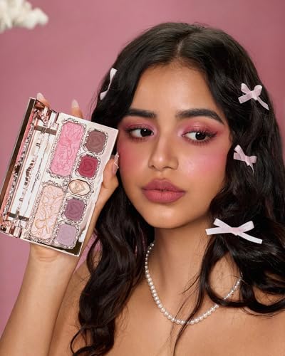 Flower Knows Strawberry Cupid Makeup Palette,Eyeshadow,Blush,Highlighting & Contour All-in-One Face Makeup Palette with 4 Matte+3 Shimmer Pink Shades(S02 Cupid's Mischief,0.49 Oz)