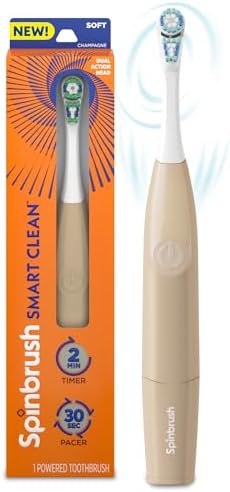 Spinbrush Smart Clean Battery Powered Electric Toothbrush for Adults with Dual Action Head, Pacer & Timer, Champagne, Soft Bristles, 1 Count