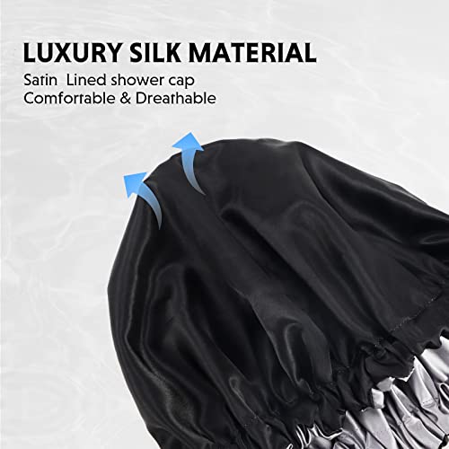 Shower cap for women,Luxury Silk Lined Shower Cap, Machine Washable, Adjustable Size & Reusable,Large Satin Shower Cap for all hair-gray