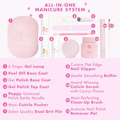 Olive & June Gel Mani System Set | Includes Nail Tools, Peel-Off & Gel Base Coats, Top Coat, LED Lamp, Cuticle Serum & The Poppy | Easy At-Home Mani Kit | 15-Free, Vegan, Cruelty-Free