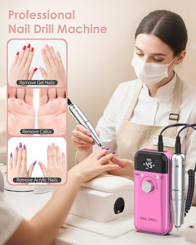 Portable Nail Drill Professional: 45000 RPM Rechargeable Electric Nail Drills Machine with 6 Bits, Drill para Uñas Profesional E File for Acrylic, Gel Nails, Manicure & Pedicure - Salon & Home Use