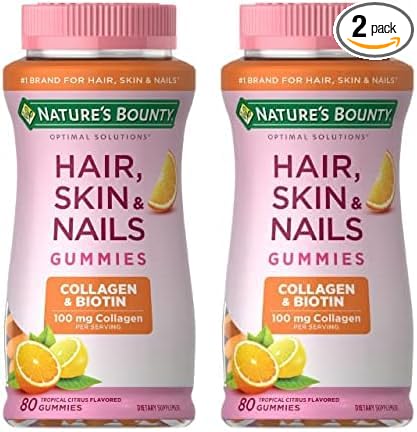 Nature's Bounty Optimal Solutions Hair, Skin & Nails with Biotin and Collagen, Citrus-Flavored Gummies Vitamin Supplement, 2500 mcg, 80 Ct (Pack of 2)