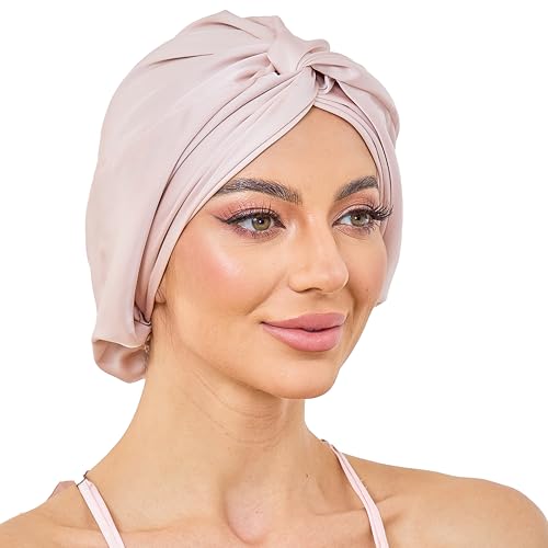 Adjustable Silk Satin Bonnet for Sleeping Hair Wrap, Double Layer Sleep Cap, Night Turban for Large Long Curly Braid Women Men Hair - Pale Blush Pink