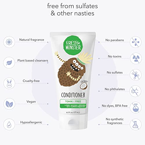Fresh Monster Kids Hair Conditioner, Toxin-Free, Hypoallergenic & Natural, Hair Conditioner for Kids, Coconut (2 Pack, 6oz/each)