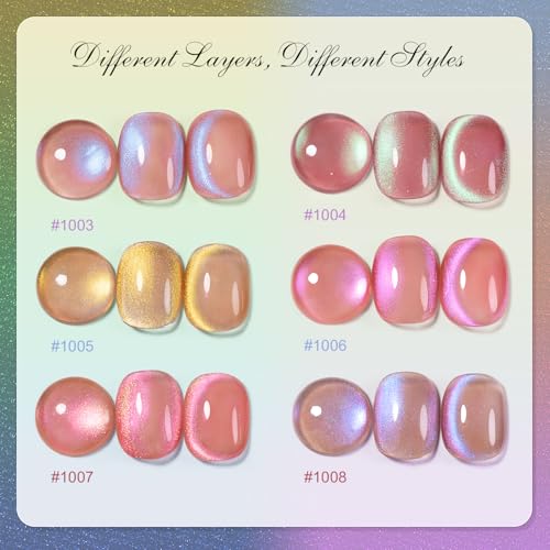 RARJSM Aurora Glitter Cat Eye Gel Nail Polish Set 6Pcs Nude Pink Light Purple Gold Brown Green Blue Galaxy Mermaid Glitter Cateye Gel Polish with Magnetic Stick UV LED Curing Require Home Salon