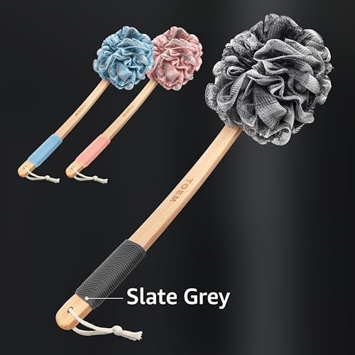 Loofah Back Scrubber for Shower | Bamboo Charcoal Fiber Infused | Loufas for Men & Women | Includes 1 Long Handled Shower Sponge, 1 Bath & Shower Luffa Pouf & 1 Hook to Hang Stuff (Slate Grey)