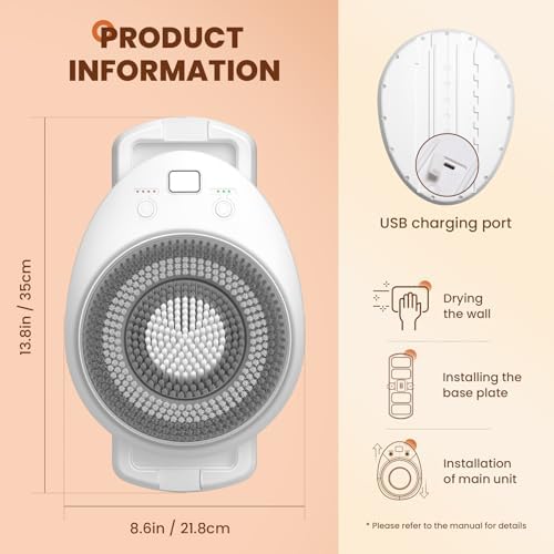 7'' Large Shower Back Scrubber Wall Mounted, 3 Speed Adjustment Electric Body Scrubber for Shower with 4 Replaceable Heads, 360 Degree Automatic Rota Tion Electric Shower Brush