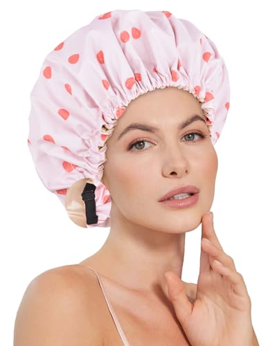 Shower Cap Large Shower Caps for Women Reusable Waterproof with Adjustable Band Double Layer Design Large Luxury Washable Bath Hair Bonnet (Pink Dot)