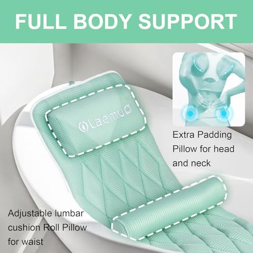 Full Body Bath Pillow Bathtub Pillows-Removable Lumbar Cushion with 17 Non-Slip Suction Cups 4D Air Mesh Fit Any Tub Luxury Bathroom Accessories-Green