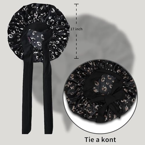 Silk Bonnet Satin Hair Bonnet With Tie Band for Sleeping Large Bonnets Hair Wrap with Adjustable Straps Hair Shower Cap for Women Curly Braid Hair Black Leopard Print