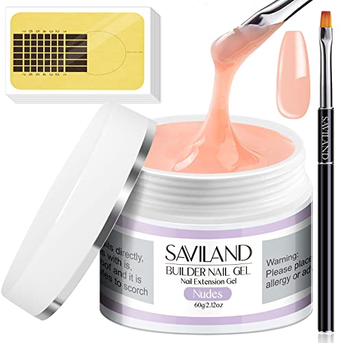 Saviland Builder Nail Gel Kit – 2.1oz nudes Nail Extension Gel for Nail Repair & Strengthen U V Hard Gel for Nails with Gel Nail Brush 100PCS Nail Forms Manicure Tools Nail Supplies for Salon Home DIY
