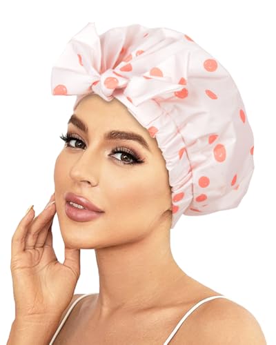 Shower Cap Luxury Shower Caps for Women Reusable Waterproof Hair Cap for Shower with Adjustable Bowknot Hair Bath Cap (Pink)