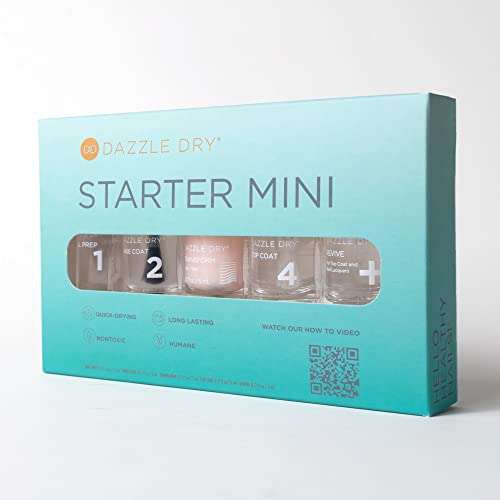 Dazzle Dry Complete Starter Mini Kit | Step 1 - Nail Prep, Step 2 - Base Coat, Step 4 - Top Coat, Transform - Ridge Filler & Revive - Polish & Top Coat Thinner.
