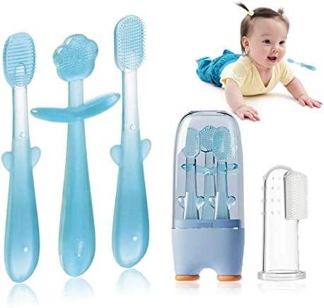 FOKiiBO Baby Silicone Toothbrush Set, Toothbrush + Tongue Brush + Baby Teether + Finger Toothbrush with Cup for Training Teething, 0-18M Infant Toddler Newborn Baby Teeth Brushes (Blue)