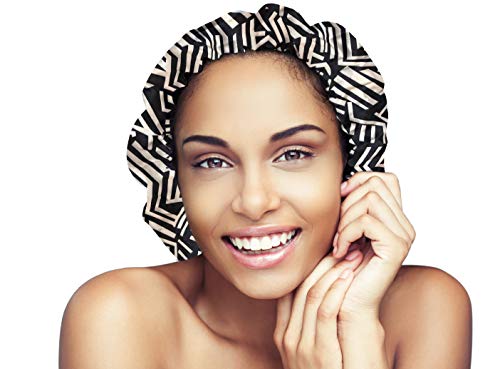 Glow By Daye Satin Bonnet, Double-Layered and Adjustable Satin Sleep Cap, Extra Large, Reversible Afro Geo Print (Black & White Pattern)