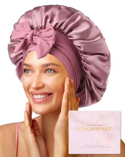 AWAYTR 100% Mulberry Silk Hair Bonnet for Women Sleeping with Tie Band 19 Momme Silk Sleep Cap Night (US, Alpha, One Size, Pale mauve)