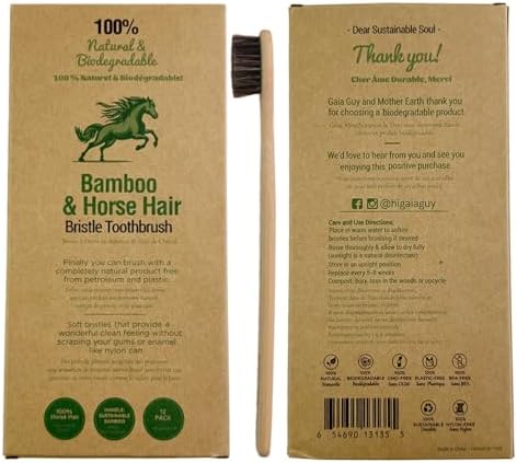 Gaia Guy Soft Natural Bristle Bamboo Toothbrush (NO Nylon - Horse Hair ONLY) - Totally Compostable & Biodegradable Soft Horsehair Bristle and Bamboo Toothbrushes - Zero Waste & Plastic-Free