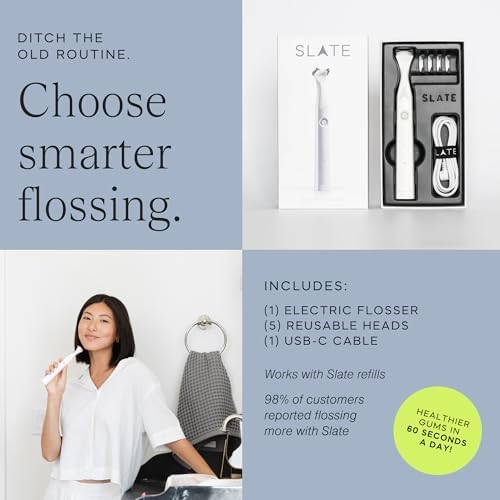 SLATE Electric Flosser | 3-in-1 Electric Flosser for Teeth w/ 3 Speeds - Dentist Invented Magic Floss | Reusable Non-Toxic Floss, Tongue Scraper & Gum Care | Power Dental Flossers for Adults & Kids