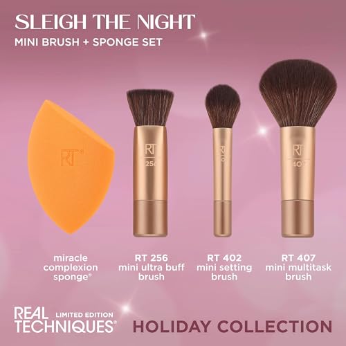 Real Techniques Sleigh The Night Mini Brush + Sponge 4 Piece Holiday Gift Set, Small Makeup Brushes For Travel, Makeup Sponge For Foundation & Concealer, Stocking Stuffer, Limited Edition, Latex-Free