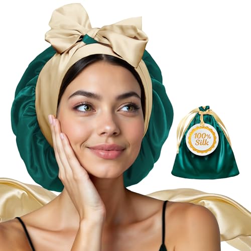 Real Silk Bonnet for Sleeping Women with Curly, Straight, & Fine Hair – Hair Cap for Sleep – Premium Alternative to Double Layer Satin Bonnet – Silk Hair Wrap for Sleep with Wonder Loop Tie – Green